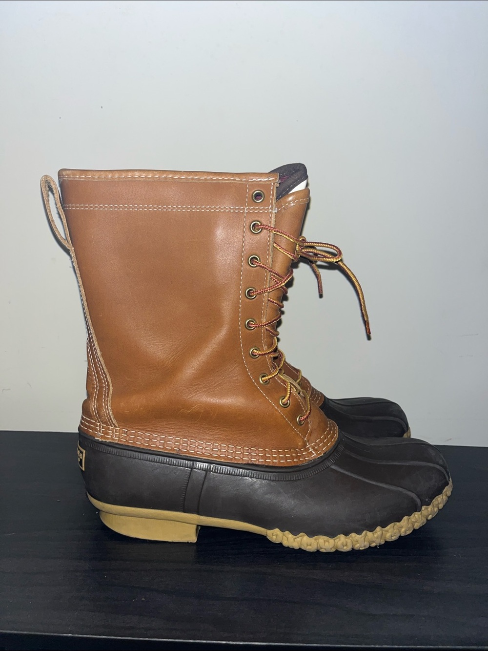 L.L. Bean Men's Brown Leather and Dark Brown Waterproof Duck Boots tall